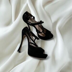 Miu Miu black suede strappy heels peep toe ankle buckle detail y2k designer boho